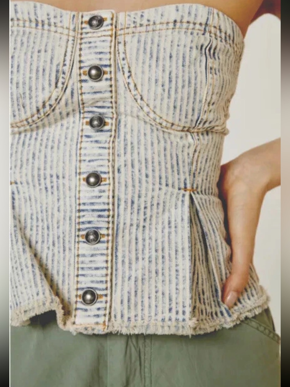 Pilcro By Anthropologie Cream And Faded Blue Striped Strapless Peplum Corset Top - Picture 13 of 16